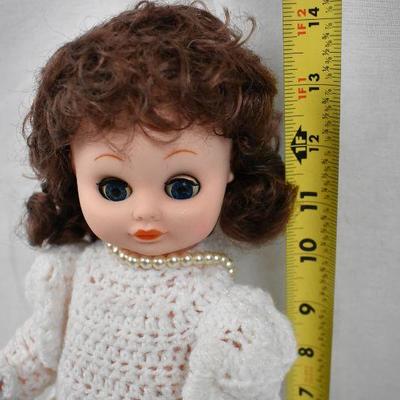 Brunette Doll with Blue Eyes & White Dress. Plastic. Includes Stand