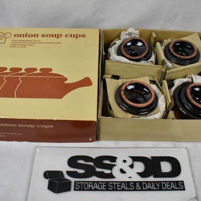 4 Onion Soup Cups with Lids, 16 oz each. New Old Stock