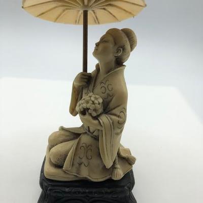 Carved Kneeling Asian Woman Under Umbrella Figurine