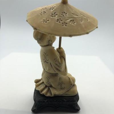 Carved Kneeling Asian Woman Under Umbrella Figurine