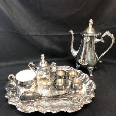 Silverplate Service Set Tea Pot Cream & Sugar Platter Napkin Rings Tongs