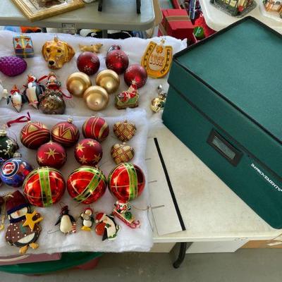 Lot # 602 Lot of Christmas Ornaments with storage container 