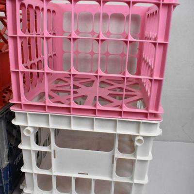 4 Plastic Crates: Red Pink Blue White