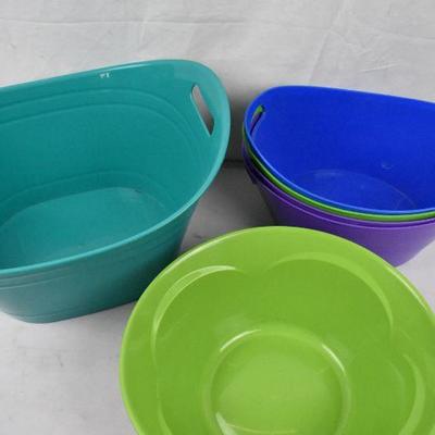 6 Plastic Bins: 2 green, 2 purple, blue, turquoise