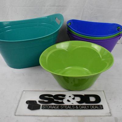 6 Plastic Bins: 2 green, 2 purple, blue, turquoise