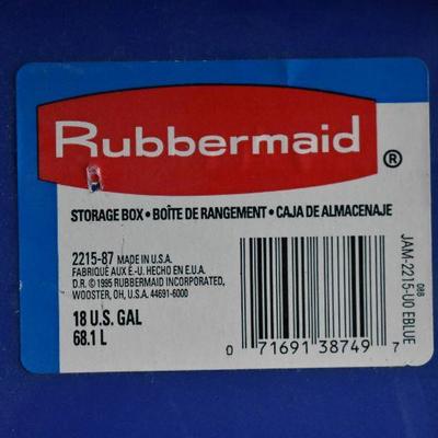 2 Rubbermaid Plastic Storage BIns with Lids: Blue/Dark Blue & Gray/Green