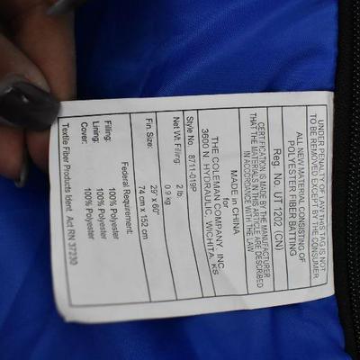Coleman Sleeping Bag, Blue & Yellow, 2lb, 29"x60" No ties/Bag. Clean