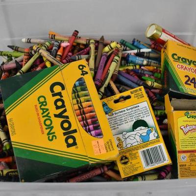 Clear Bin of Crayons & Crayon Sharpener