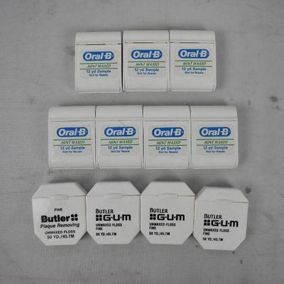 11 Containers of Floss: 7 Mint Waxed and 4 Unwaxed - New Old Stock
