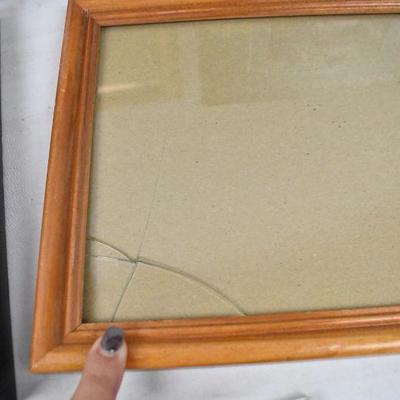 5 pc Frames: Four Wooden 8x10 (1 broken glass). 1 Curved Glass 5x7
