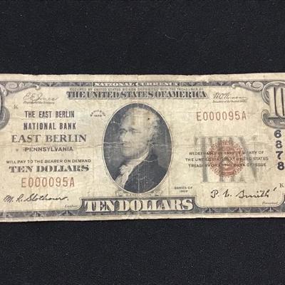 1929 $10 Ten Dollar Bill - East Berlin Bank - Low serial