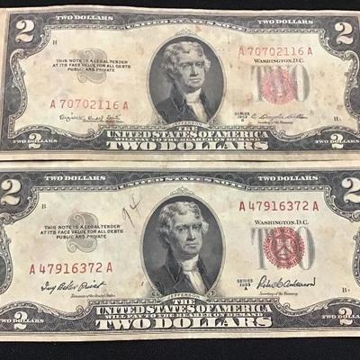 Lot of 2 1953 $1 Two Dollar Bill - Red Seal