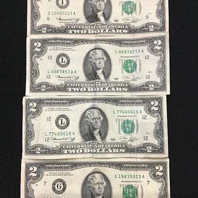 Lot of 4 1976 Bicentennial $2 Two Dollar Bills - Circulated