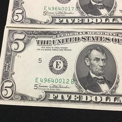 Lot of 2 1969 Five Dollar Bills $5 - Uncirculated - Close Serials 