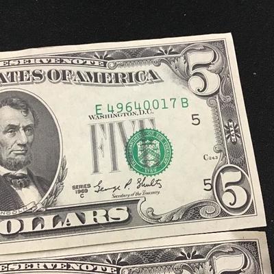 Lot of 2 1969 Five Dollar Bills $5 - Uncirculated - Close Serials 