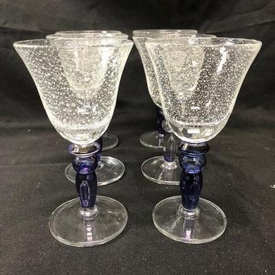 Set of 6 Blue Stem Bubble Glass Goblets