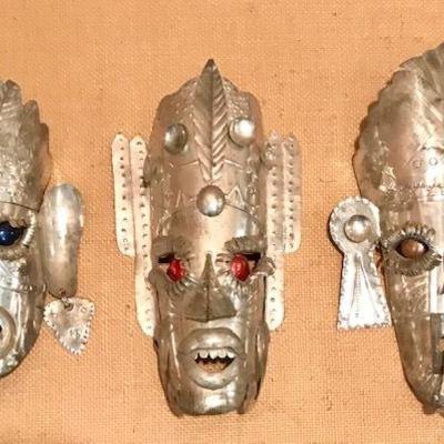 Lot of Three Aluminum Metal Decorative Masks (Mexico)