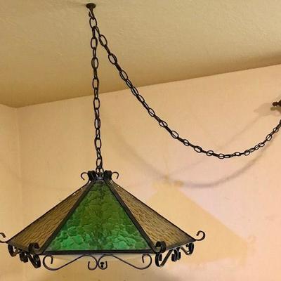 Vintage Green and Gold Stained Glass Hanging Lamp