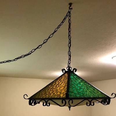 Vintage Green and Gold Stained Glass Hanging Lamp