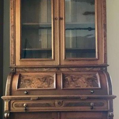 Antique Walnut Victorian Cylinder Roll Secretary with Bookcase Top