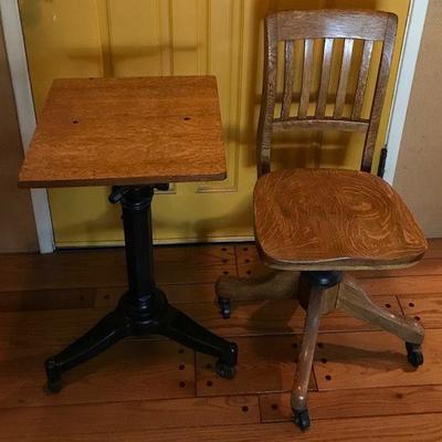 Vintage Oak Office Chair and Typewriter Table