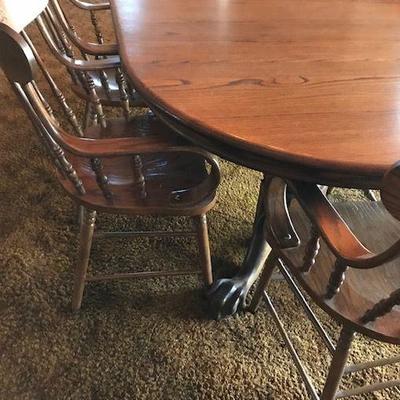 Antique Oak Claw Foot Pedestal Dining Table with Six Chairs