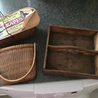 516:  Vintage Grape Carrier, Nantucket Style Basket and Pine Caddy 