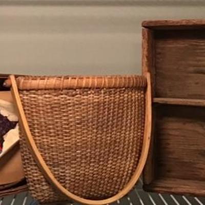 516:  Vintage Grape Carrier, Nantucket Style Basket and Pine Caddy 