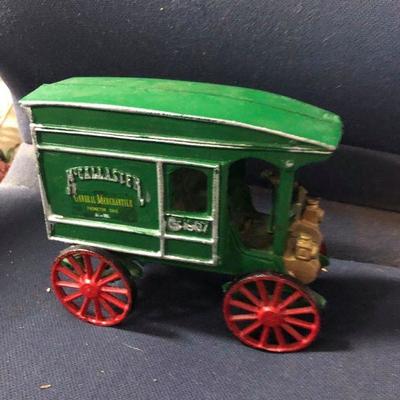 Cast Iron 1907 McAllister Delivery Truck Model plus 2 iron train cars