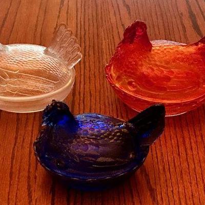 Lot of Three Covered Glass Chickens