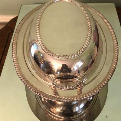 Silver-plated serving dish with top.