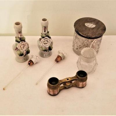 Lot #167  Vanity Lot - Sterling Lid Hair Receiver, Opera Glasses, Atomizers