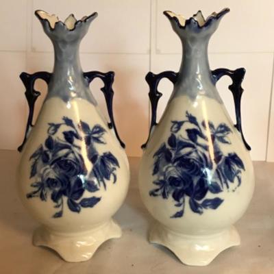 Lot#66 Pair of Blue and White Rose Bud Vases