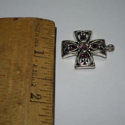 Silver Tone Cross Pendant, Purple Stone 