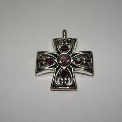 Silver Tone Cross Pendant, Purple Stone 