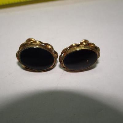 Gold Plated Black Stone Screw-back Earrings 