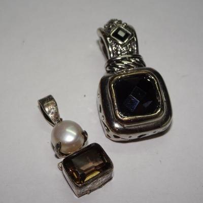 2 Silver Tone Pendants, Pearl, Brownish Amber Glass stone 