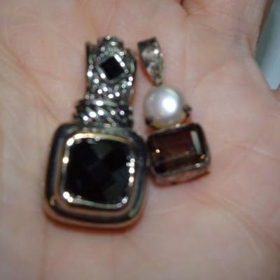 2 Silver Tone Pendants, Pearl, Brownish Amber Glass stone 