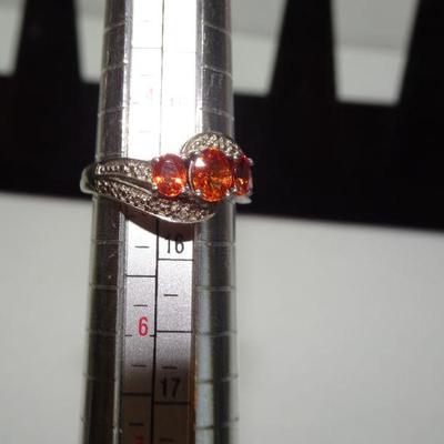 925 Sterling Silver Amber / Orange 3 Stone Ring