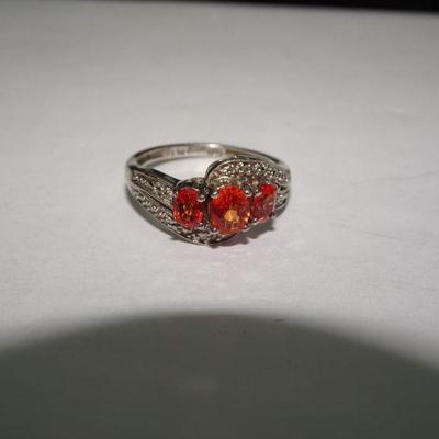 925 Sterling Silver Amber / Orange 3 Stone Ring