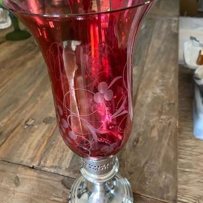 ANTIQUE VICTORIAN etched CRANBERRY GLASS England STERLING SILVER HURRICANES