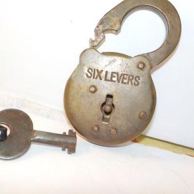 Antique " Six Levers" Brass lock and Key.