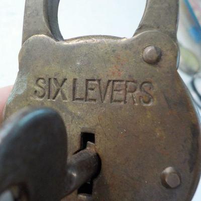 Antique " Six Levers" Brass lock and Key.