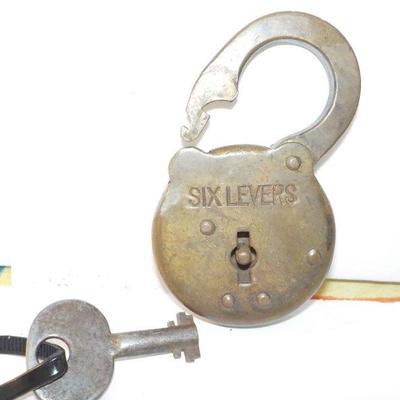 Antique " Six Levers" Brass lock and Key.