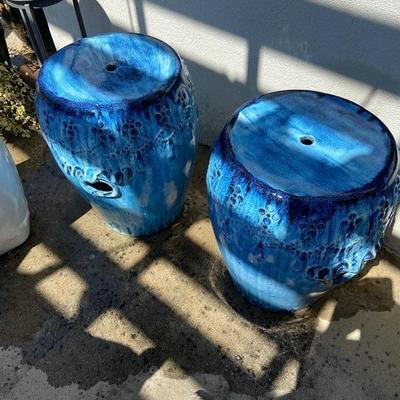 PAIR OF CHINESE BLUE CERAMIC DRUM STOOLS