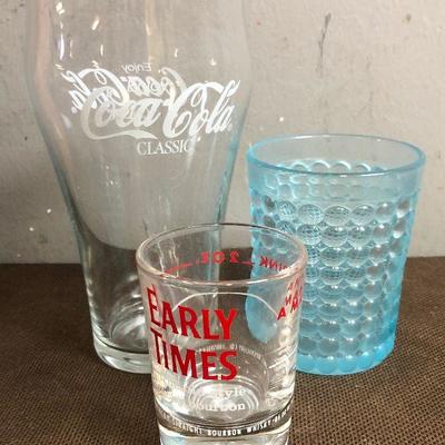 #31 COKE Early Times Shot Glass and Blue Hobnail Tumbler 