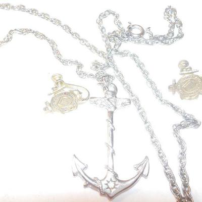 " Stunning Anchor Necklace and 2 vintage womens US. Coast Guard ear Rings"