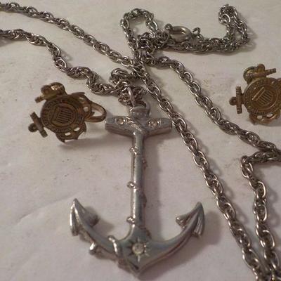 " Stunning Anchor Necklace and 2 vintage womens US. Coast Guard ear Rings"