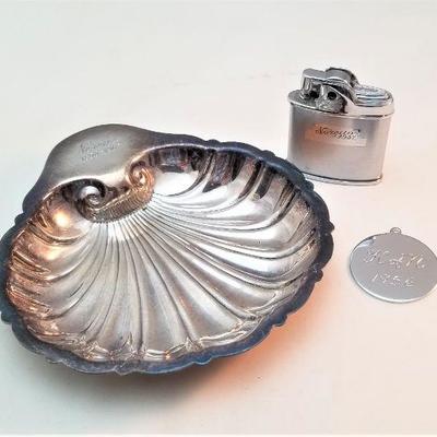 Lot #283  Mardi Gras Krewe Favors - Nereus Lighter, Nereus silverplate shell bowl, Nereus pendant - 1950's/60's