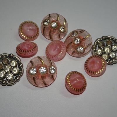 Vintage Pink & Rhinestone Glass Buttons 